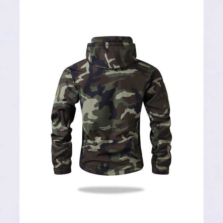 Herren Taktische Softshelljacke mit Kapuze, Camouflage‑Design und Multifachtaschen Drune