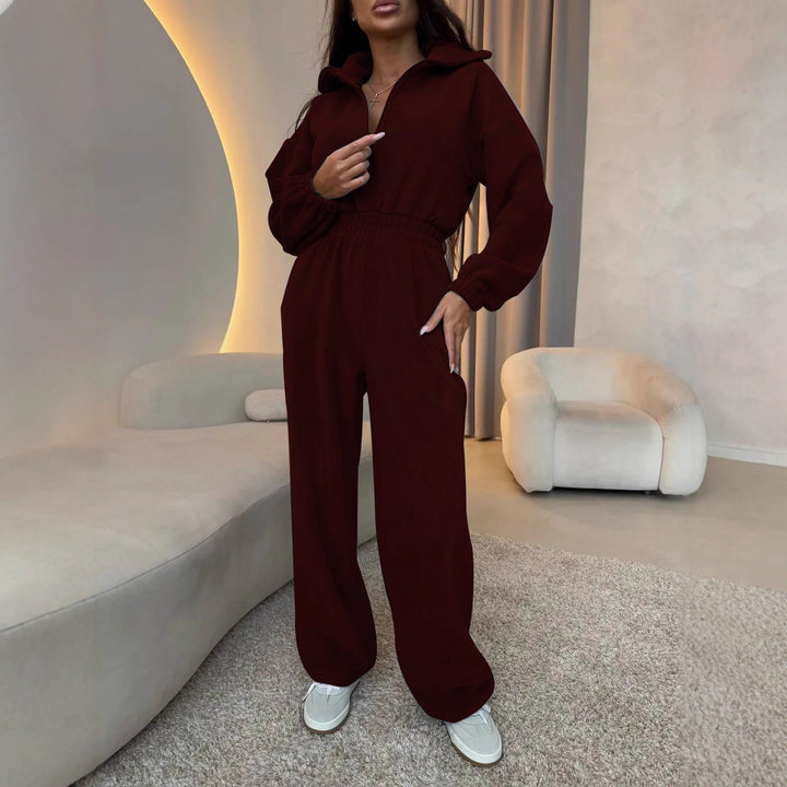 Damen eleganter Lounge-Overall mit elastischer Taillenpartie, Stehkragen, Reißverschluss und weitem Bein Drune