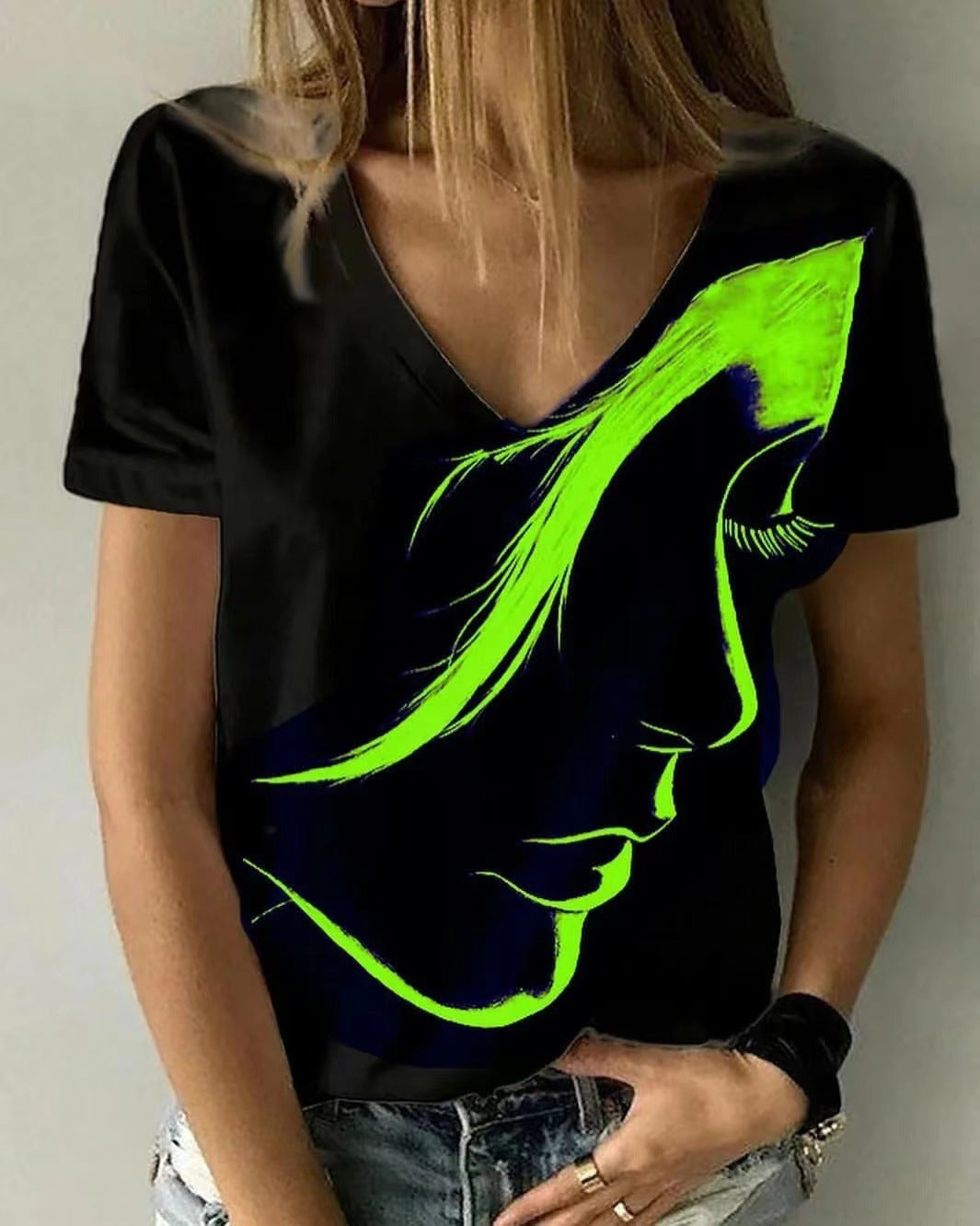 Damen V-Ausschnitt T-Shirt mit kreativem Grafikdruck Drune