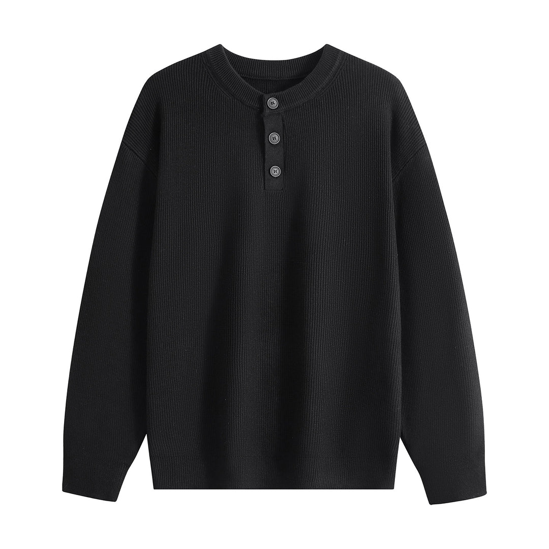 Unisex Oversize Rippstrick-Henley-Pullover mit 3‑Knopf-Leiste Drune