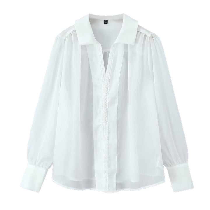 Damen Transparente Chiffon-Bluse mit Spitzenbesatz, Ballonärmeln und breiten Manschetten Drune