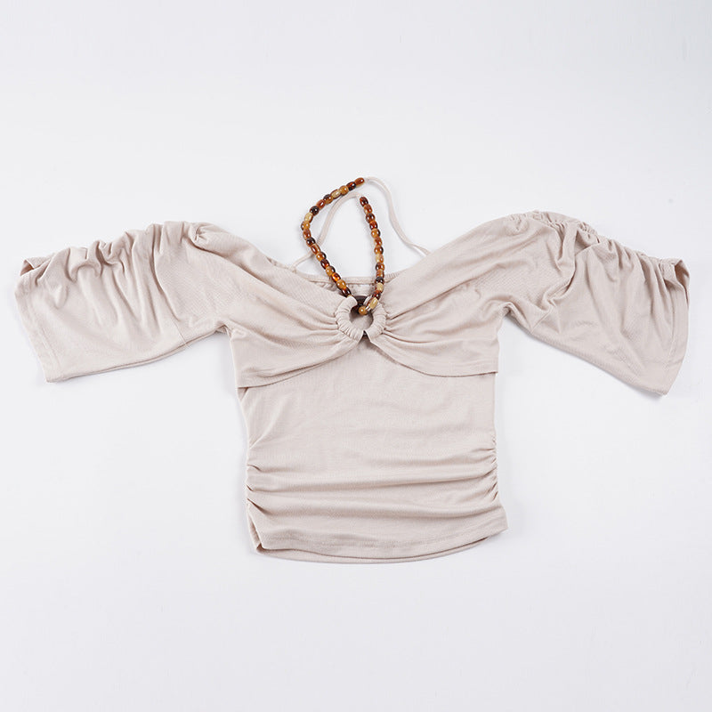 Damen Off-Shoulder Oberteil mit voluminösen Ärmeln und Dekorativem Knoten Drune