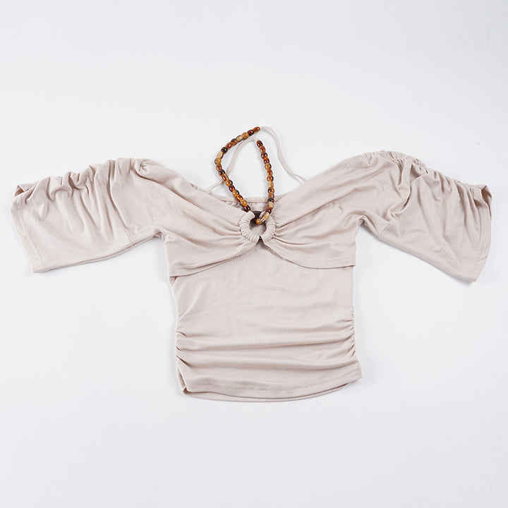 Damen Off-Shoulder Oberteil mit voluminösen Ärmeln und Dekorativem Knoten Drune