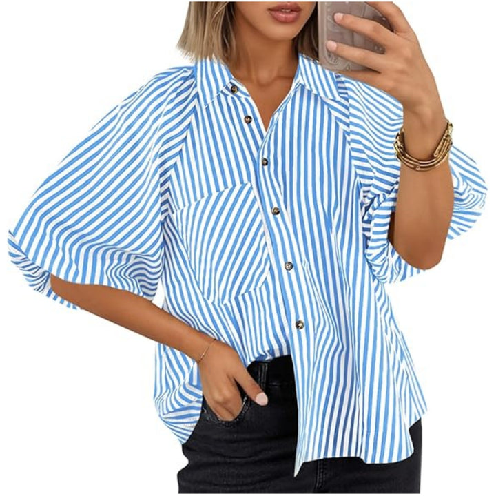 Damen Oversize Hemdbluse mit Ballonärmeln und vertikalem Streifenmuster Drune