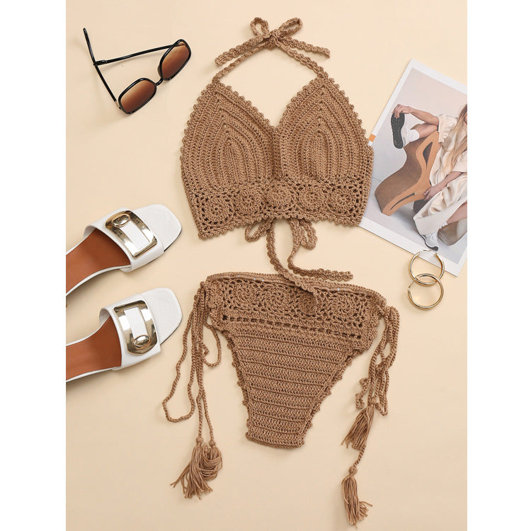 Damen Häkel-Bikini-Set mit verstellbaren Trägern und fransigen Details Drune