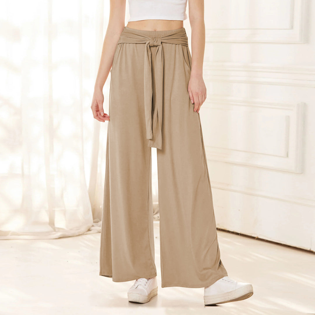 Damen Hochtaillierte Weite Palazzo-Hose mit Selbstbindendem Taillenbund und Seitentaschen Drune