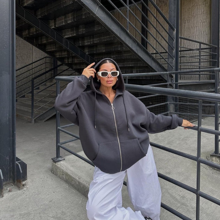 Damen Oversized Fleece-Hoodie mit Reißverschluss und Kängurutasche Drune