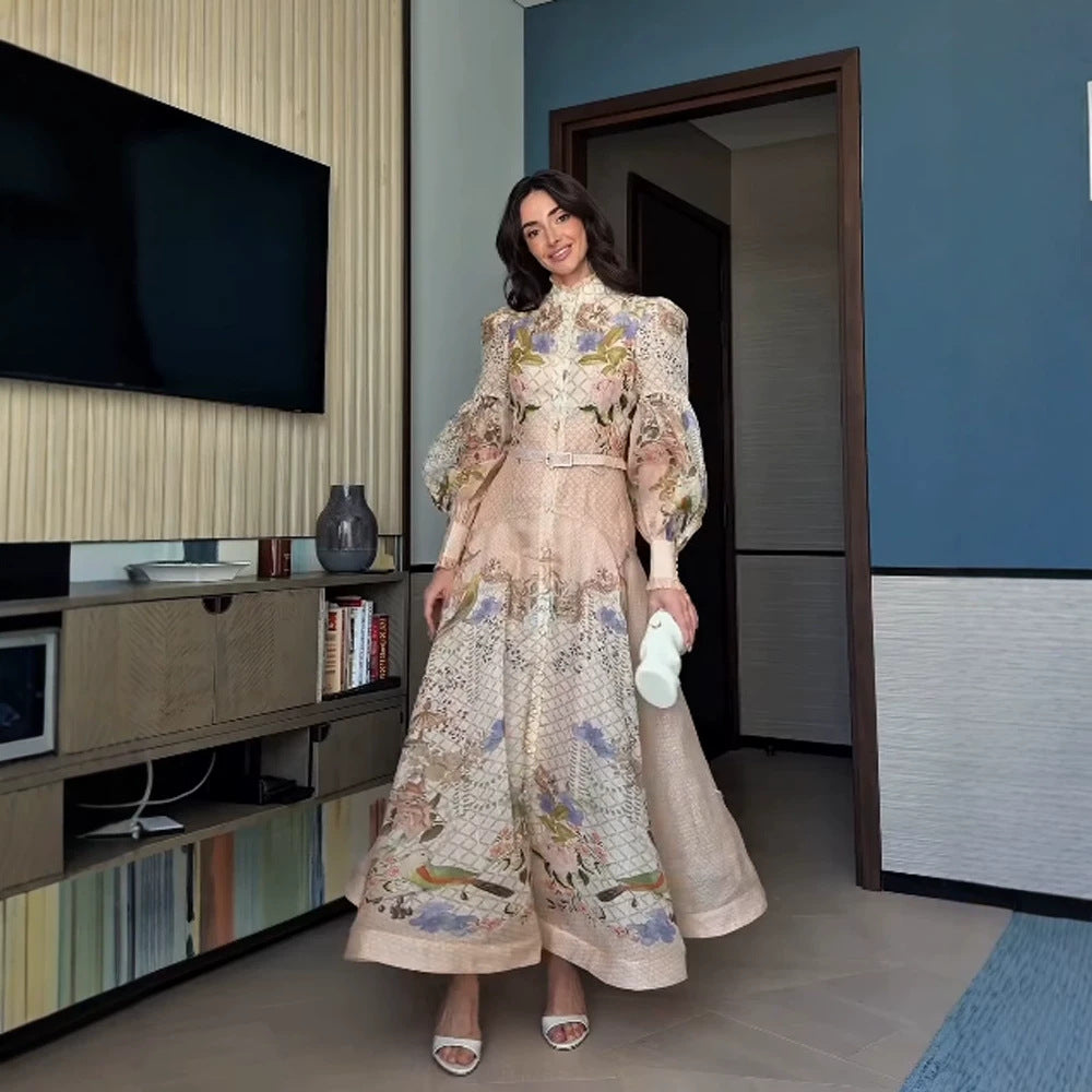 Damen Maxikleid mit floralem Druck, durchgehender Knopfleiste und voluminösen Puffärmeln Drune