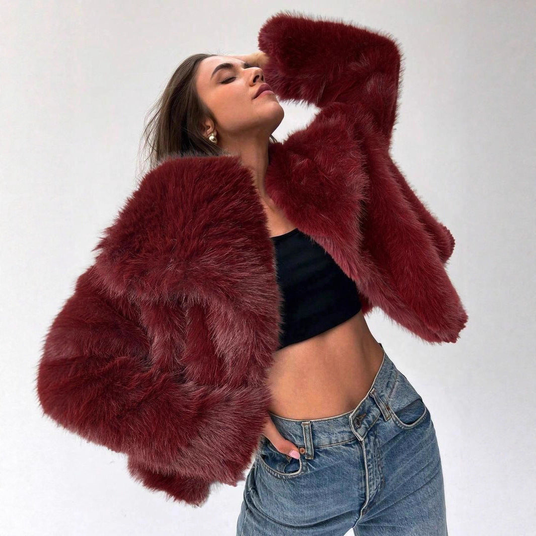 Damen Modischer Kunstpelz-Cropped-Jacke mit voluminösen Ärmeln Drune