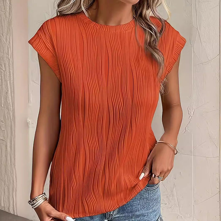Damen Plissee-T-Shirt mit kurzem Ärmel und hohem Rundhalsausschnitt Drune
