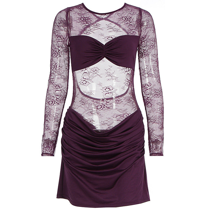 Damen Spitzenkleid mit figurbetontem Schnitt und Rüschendetails Drune