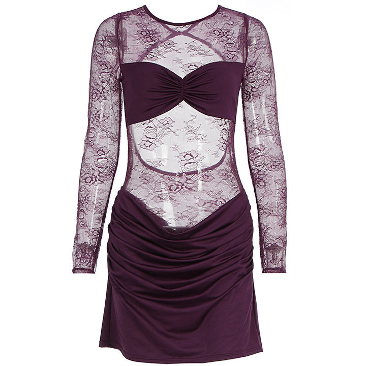 Damen Spitzenkleid mit figurbetontem Schnitt und Rüschendetails Drune