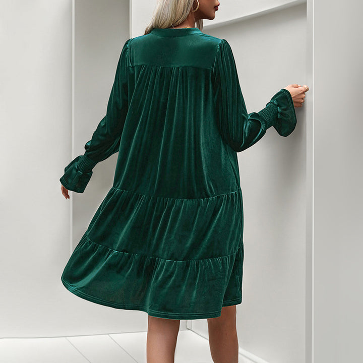 Damen Samt-Stufenkleid mit V-Ausschnitt, geraffter Passe und ballonärmeln Drune