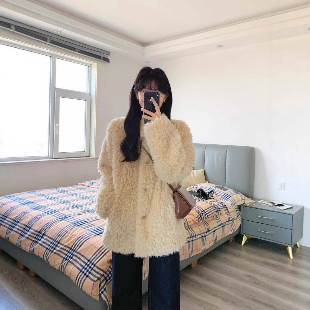Damen Teddy-Mantel aus Kunstfell mit Oversize-Schnitt und Eingrifftaschen Drune