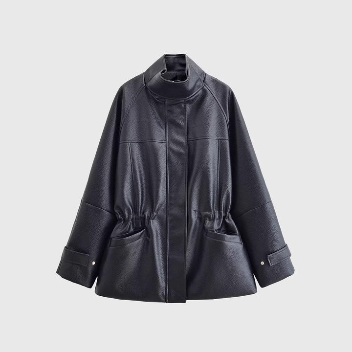 Damen Oversize-Kunstlederjacke mit Stehkragen, Taillen-Tunnelzug und aufgesetzten Taschen Drune