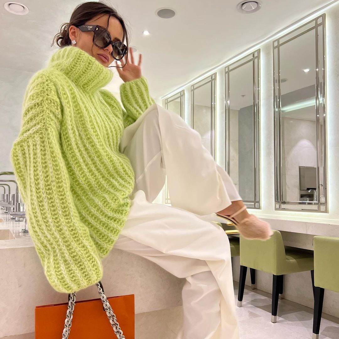Damen Oversized Grobstrick-Rollkragenpullover mit voluminösen Ärmeln Drune