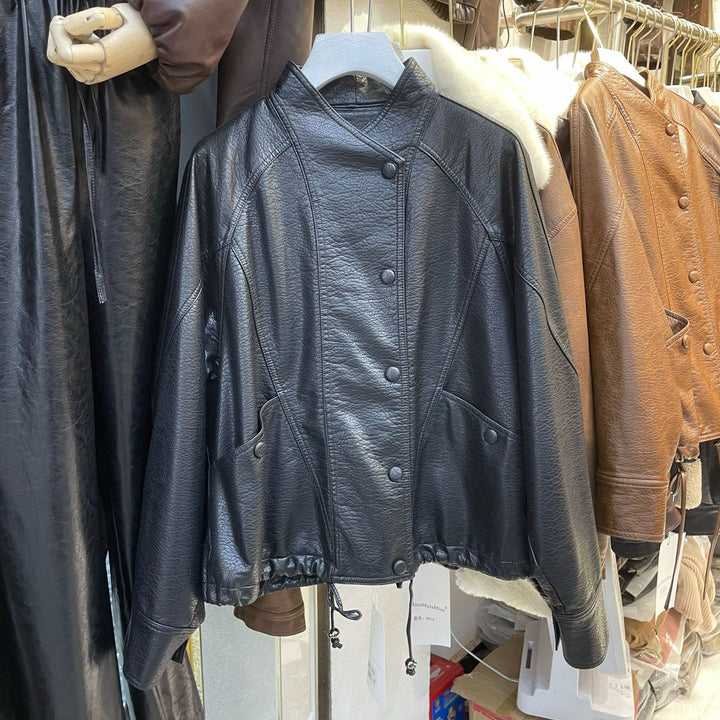Damen Kurze Lederjacke mit strukturierter Narbung, Stehkragen und Tunnelzugbund Drune