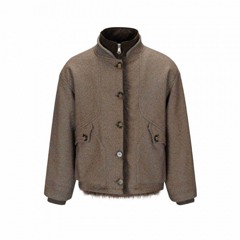 Damen Kurze Boxy-Jacke mit Teddyfutter, Stehkragen und Pattentaschen Drune