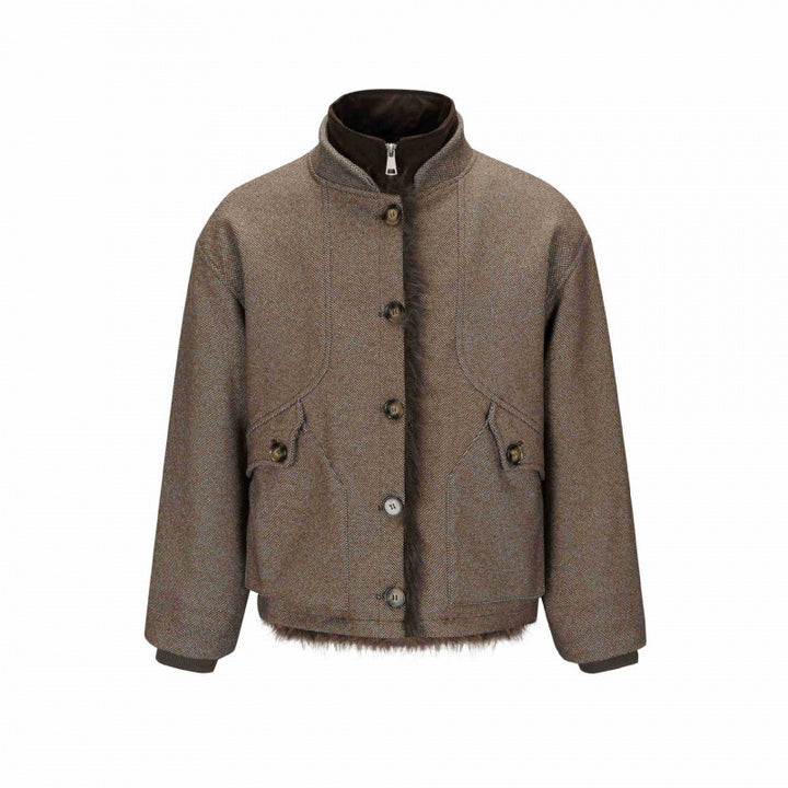 Damen Kurze Boxy-Jacke mit Teddyfutter, Stehkragen und Pattentaschen Drune
