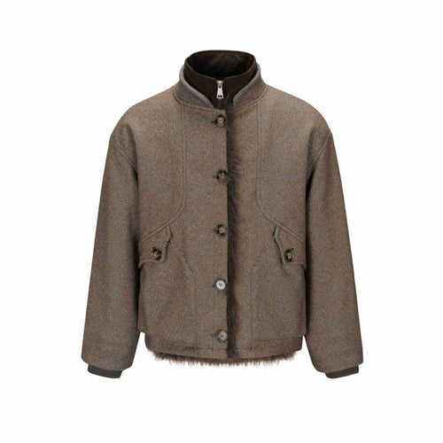Damen Kurze Boxy-Jacke mit Teddyfutter, Stehkragen und Pattentaschen Drune