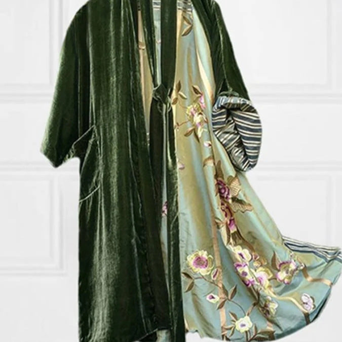 Drune | Satin Digital Floral Taille Gürtel Cardigan Schlafanzug