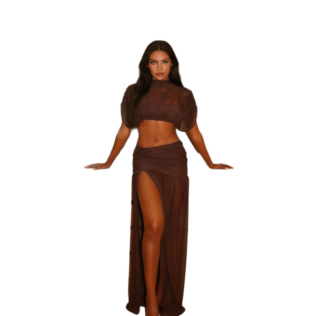 Damen Kurzärmliges Crop-Top mit gerafftem Design und elegantem Stehkragen Drune