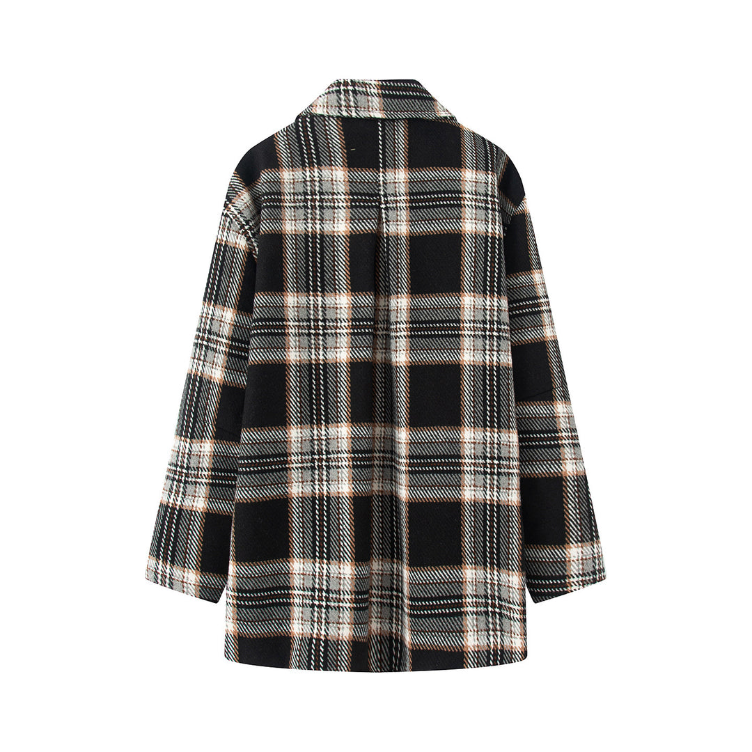 Damen nan karierter Wollmix-Mantel mit Hemdkragen, verdeckter Knopfleiste und aufgesetzten Eingrifftaschen Drune