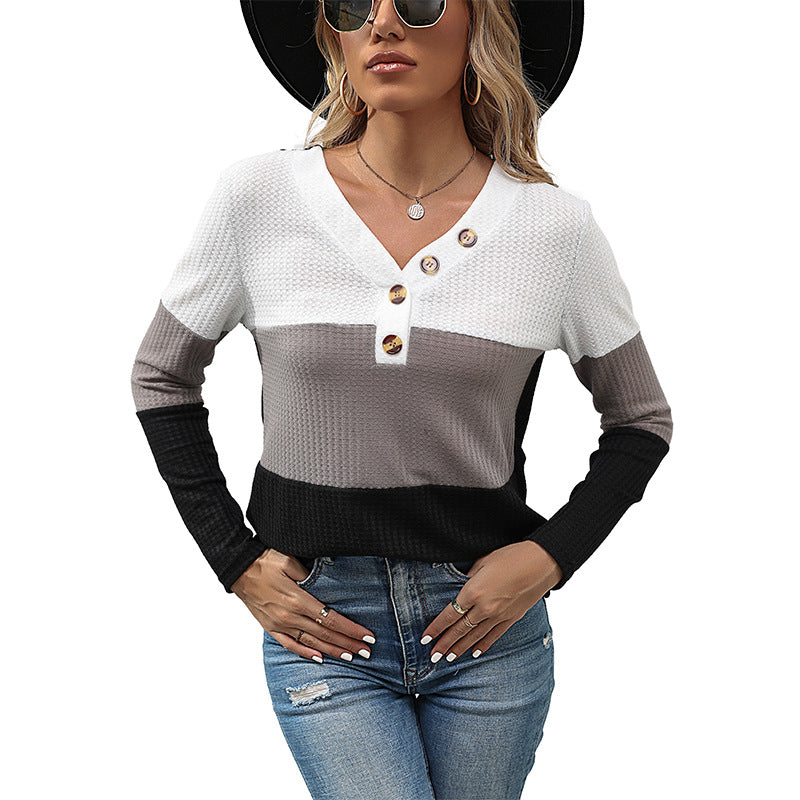 Damen Waffelstrick-Longsleeve mit V-Ausschnitt und Henley-Knopfleiste Drune