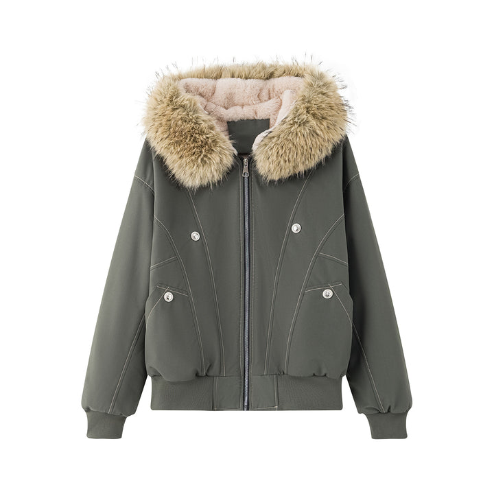Damen gefütterte Winterjacke mit abnehmbarem Kunstfellkragen und großen Taschen Drune