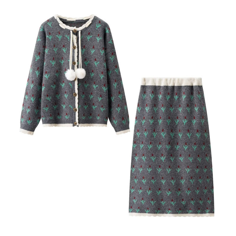 Damen Zweiteiliges Strickset mit gemustertem Cardigan, Pomponbändern und Midirock Drune