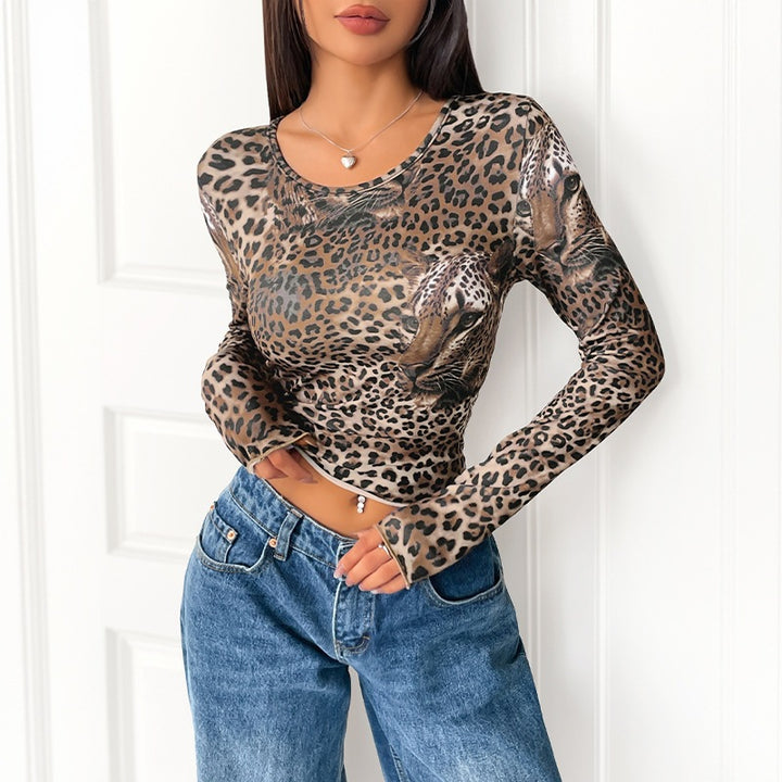 Damen Trendiges Langarmshirt mit Leopardenmuster Drune