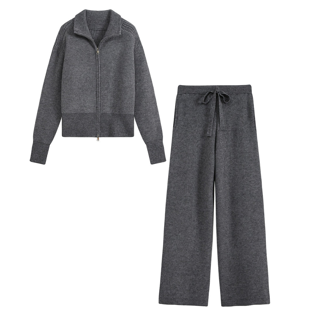 Damen Feinstrick‑Loungewear‑Set mit Stehkragen‑Zippjacke und weiten Palazzo‑Strickhose Drune