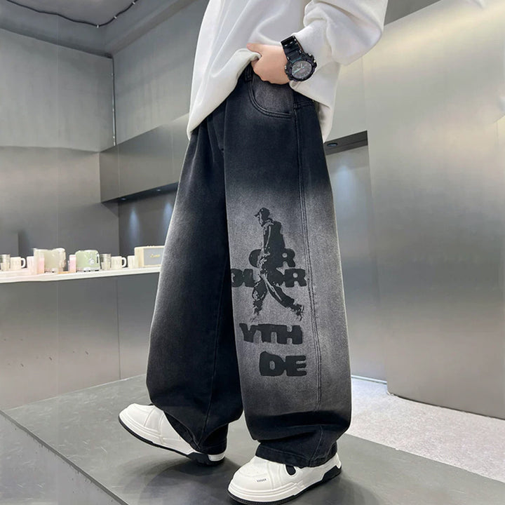 Herren weit geschnittene Denim-Hose mit stylischem Grafikdruck Drune