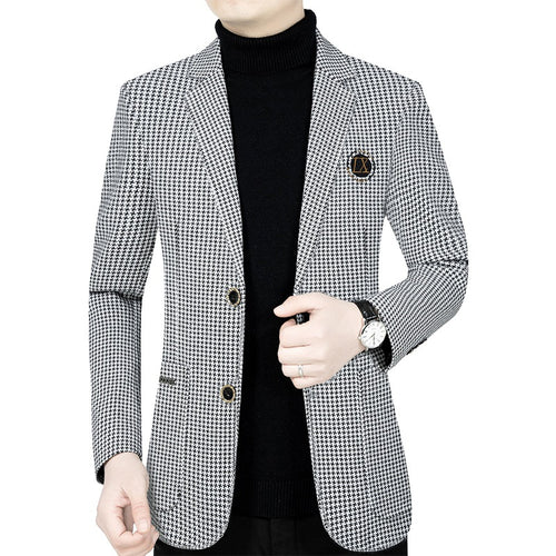 Herren Slim-Fit Sakko mit Hahnentritt-Muster und Wappen-Emblem Drune