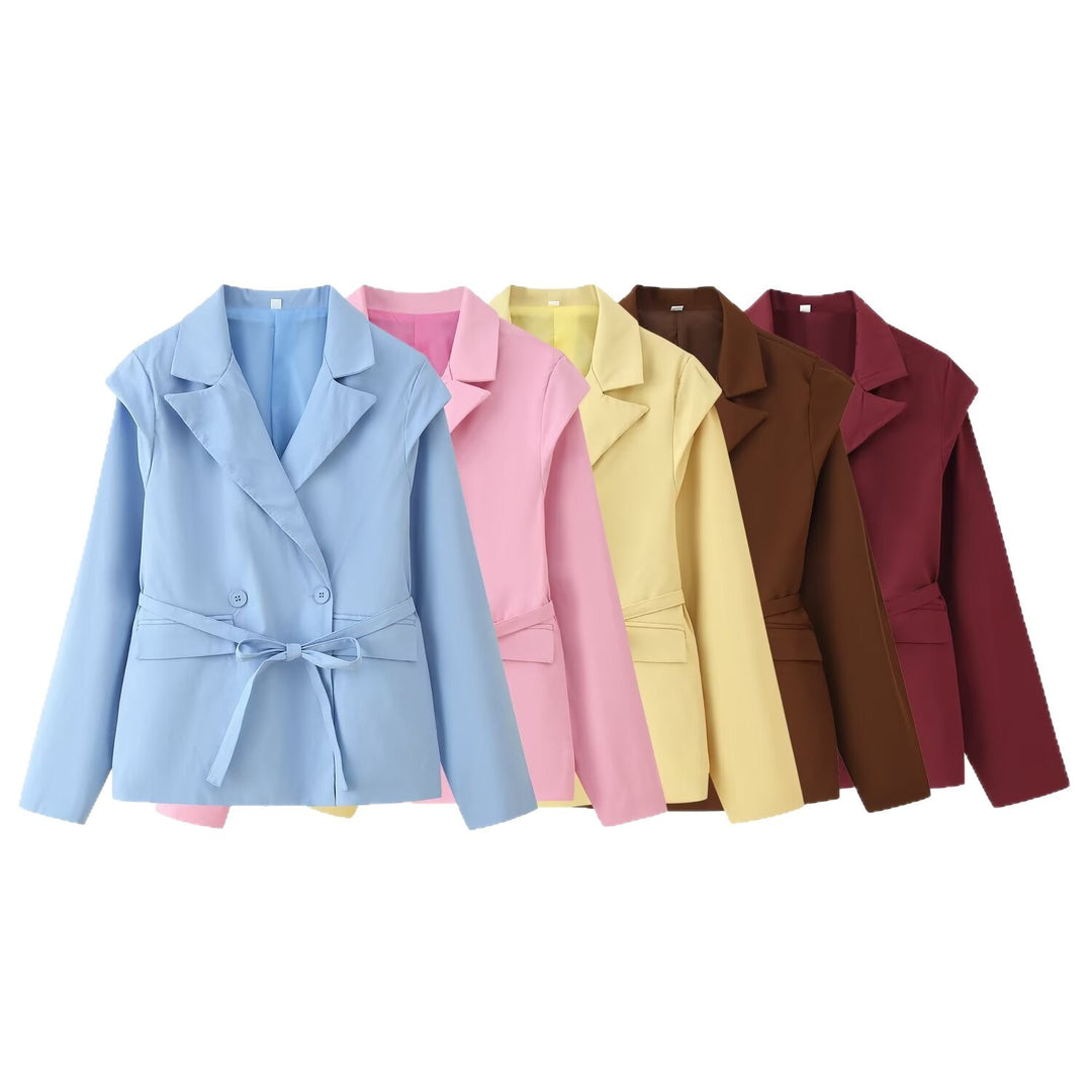 Damen Taillierter Bindegürtel-Blazer mit doppelter Knopfleiste und Reverskragen Drune