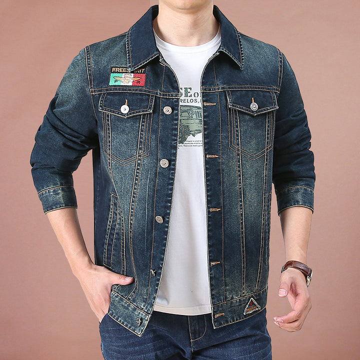 Herren Jeansjacke im Vintage-Look mit Patches und bedrucktem Innenfutter Drune