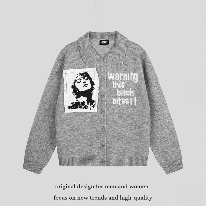 Damen Strick-Cardigan mit Hemdkragen, Knopfleiste und Statement-Patch Drune