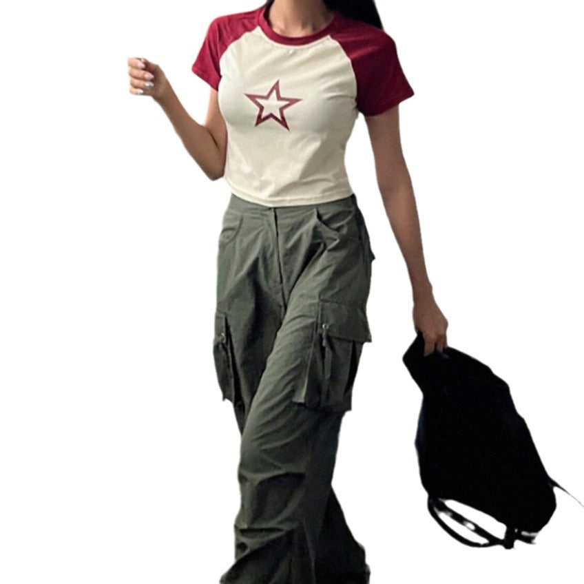 Damen Raglan-Crop-Shirt mit auffälligem Sternmotiv Drune