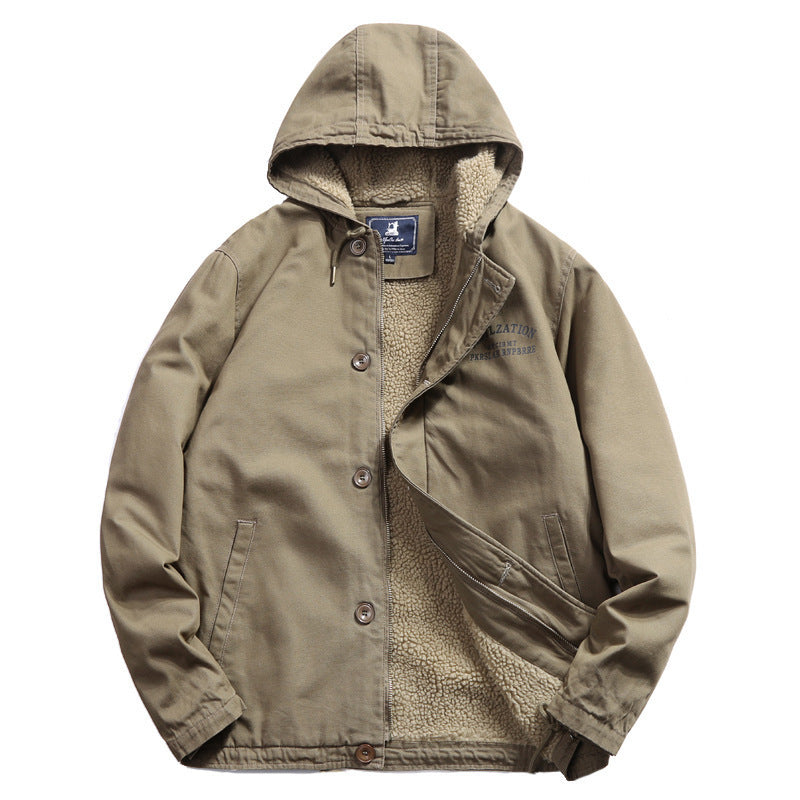 Herren Baumwoll-Canvas Kapuzenblouson mit durchgehendem Teddyfutter, verdeckter Knopf- und Reißverschlussleiste und Innentasche Drune