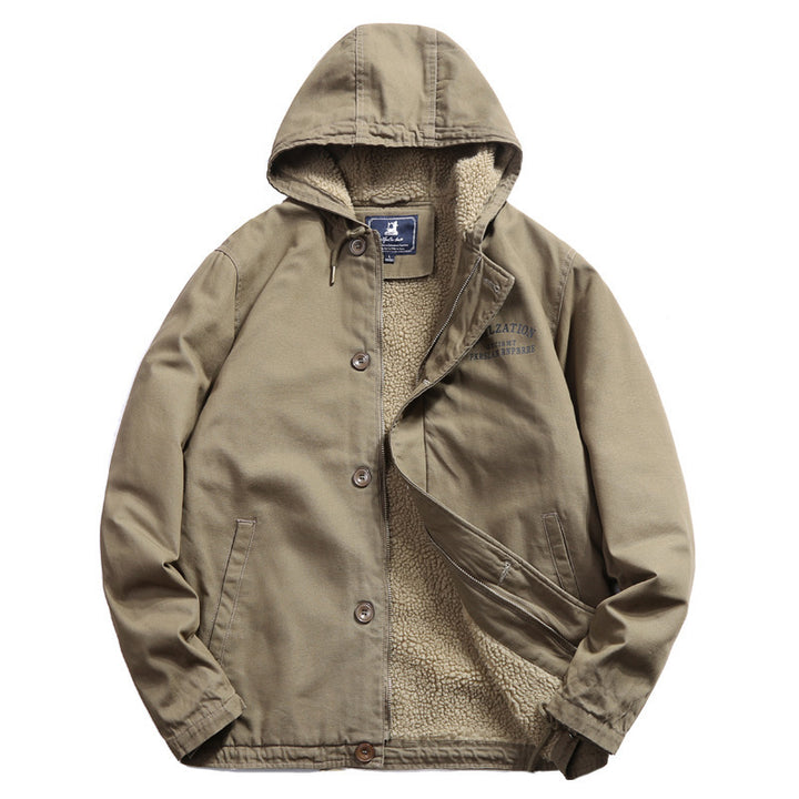 Herren Baumwoll-Canvas Kapuzenblouson mit durchgehendem Teddyfutter, verdeckter Knopf- und Reißverschlussleiste und Innentasche Drune