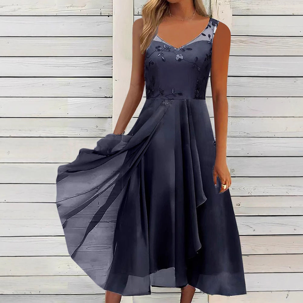 Damen nan A-Linien-Chiffonkleid mit floralem Stickoberteil, V-Ausschnitt, drapiertem Godet-Schwung und verdeckten Seitentaschen Drune