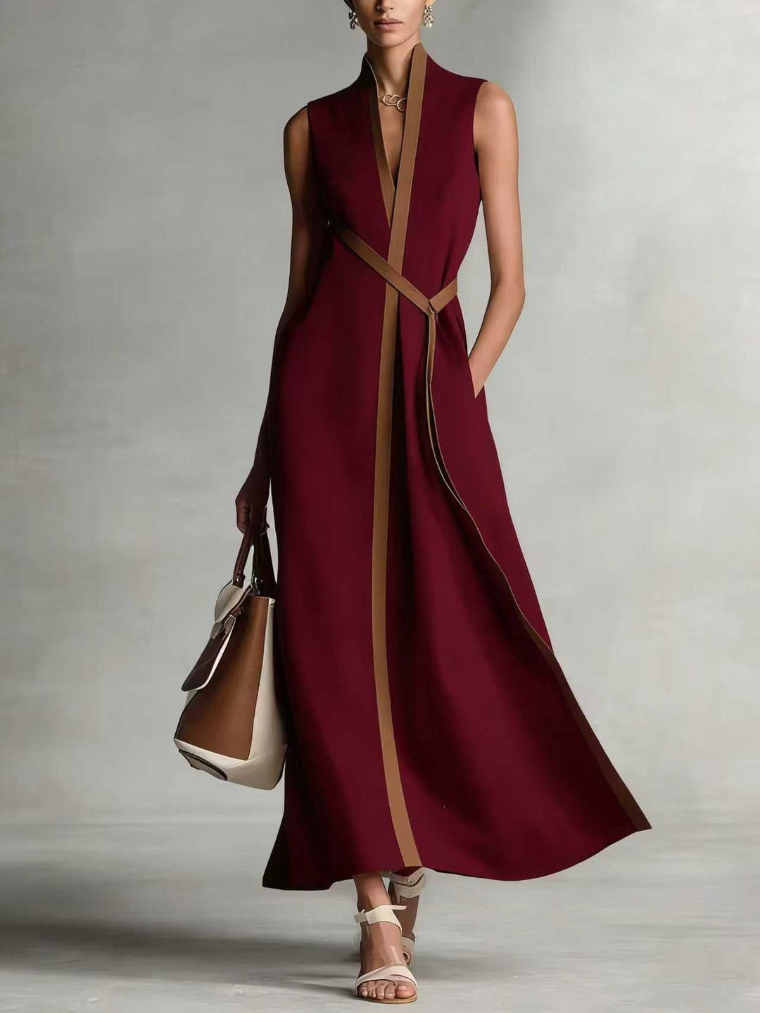 Damen elegantes Maxikleid mit Taillenschnitt und schmalem Gürtel Drune