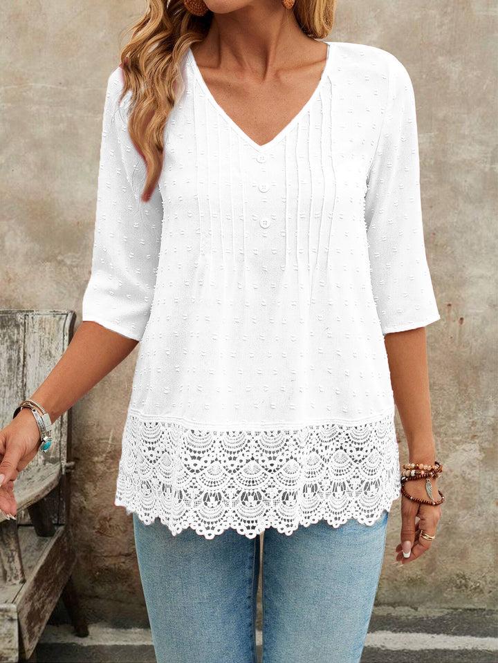 Damen Tunika Bluse mit Spitzenbesatz und strukturierten Pintucks Drune