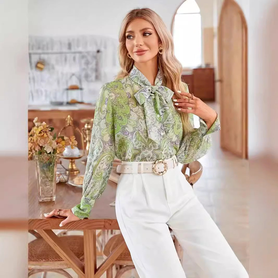 Damen Bluse mit Schleifenkragen und floralem Muster Drune