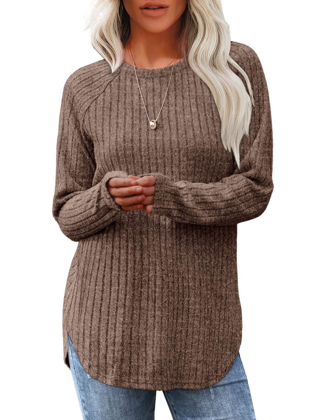Damen gerippter Strickpullover mit Rundhalsausschnitt Oversize-Passform und Seitenschlitzen Drune