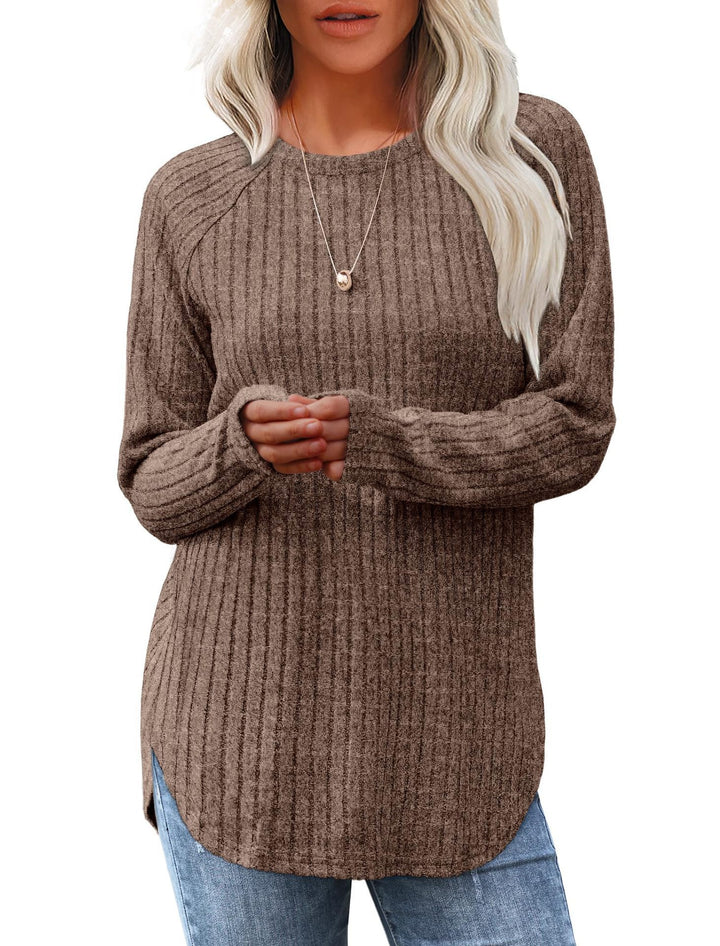 Damen gerippter Strickpullover mit Rundhalsausschnitt Oversize-Passform und Seitenschlitzen Drune