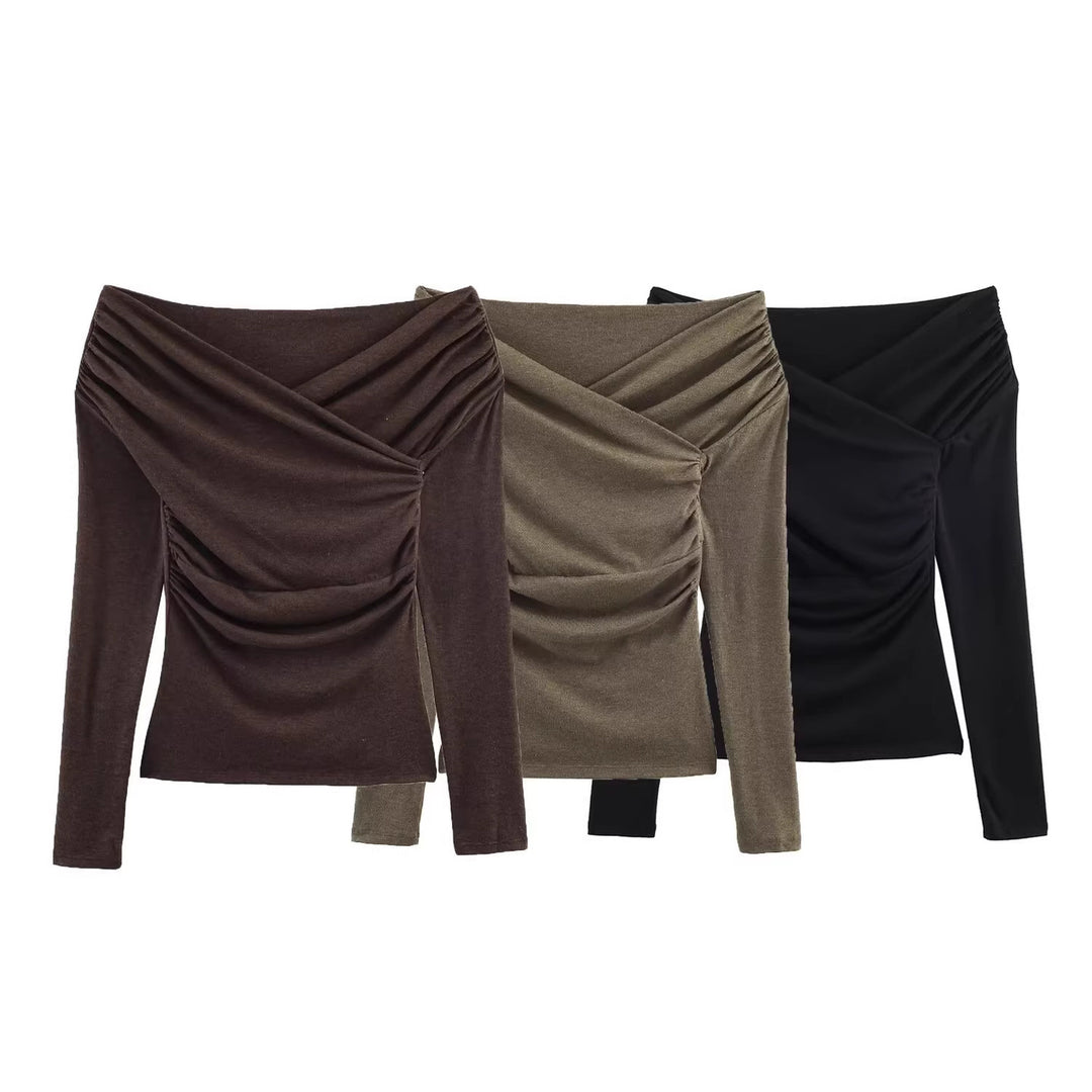 Damen Schulterfreies gerafftes Langarmtop mit Wickel‑Drapierung Drune
