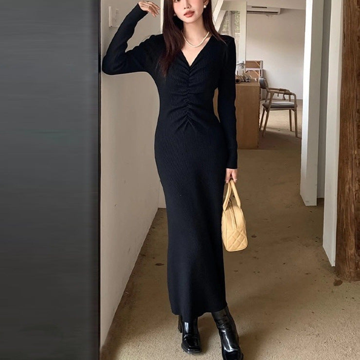 Damen Langarm-Strickkleid mit raffiniertem V-Ausschnitt und tailliertem Schnitt Drune