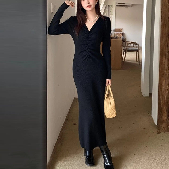 Damen Langarm-Strickkleid mit raffiniertem V-Ausschnitt und tailliertem Schnitt Drune