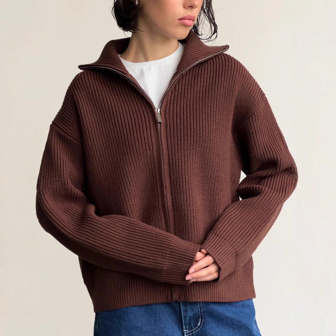 Damen modischer Grobstrickpullover mit hohem Kragen und durchgehendem Reißverschluss Drune
